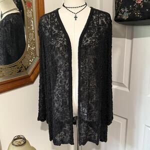 VTG 90s Black Tie by Oleg Caassini Black Beaded Silk Floral Long Sleeve Kimono L
